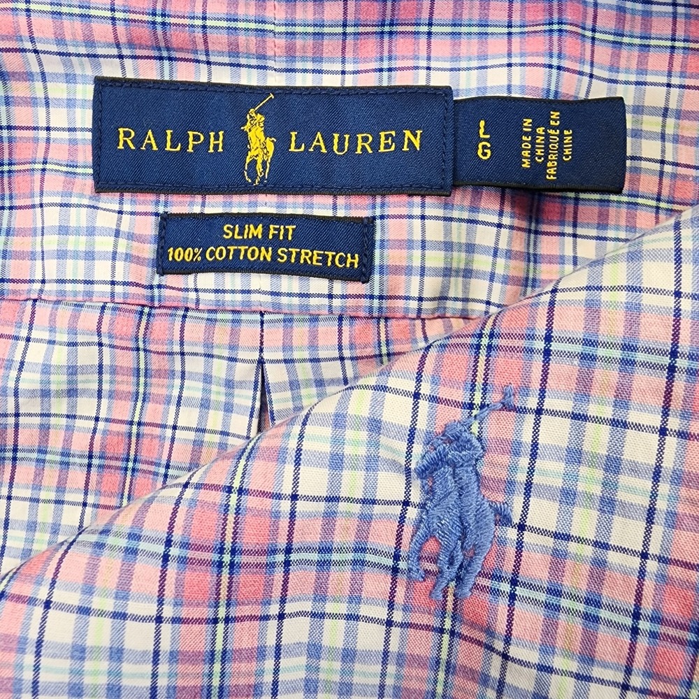 Ralph Lauren Mens L Plaid Pink Slim Fit Long Sleeve Button‎ Down Shirt Stretch